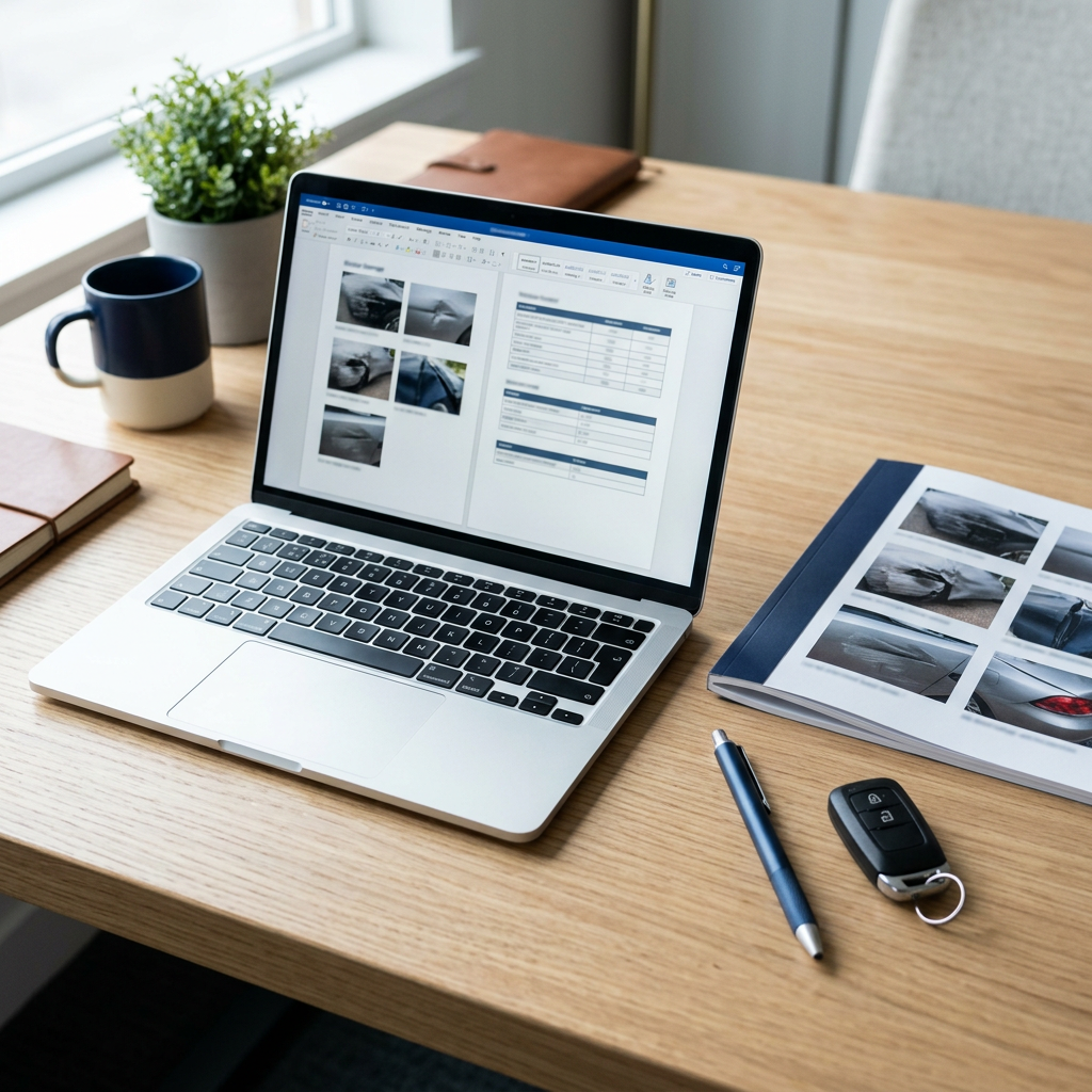 Laptop mit Gutachten-Layout und gedrucktes Gutachten auf einem Schreibtisch