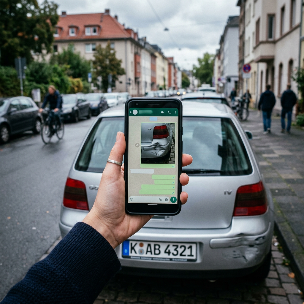 Hand hält ein Smartphone und sendet ein Foto eines Heckschadens per Messenger